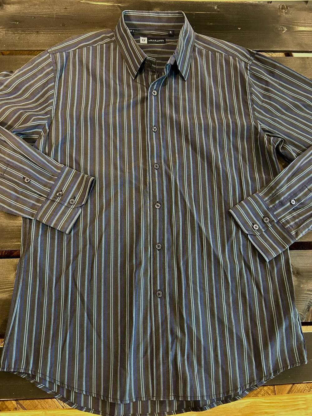 Levelten Men's Long Sleeve Button-Up Dress Shirt, Black and Blue Striped, XL